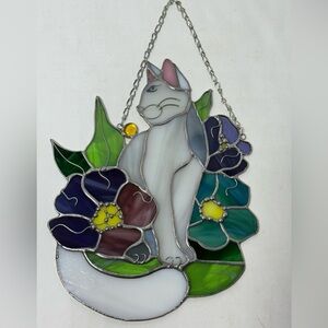Stained Glass Cat Suncatcher with Floral Design